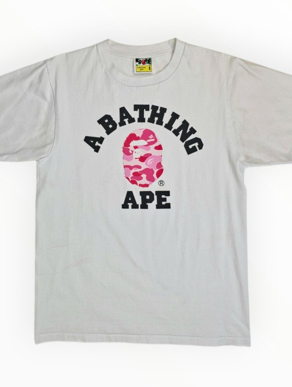 BAPE A Bathing Ape College Tee Pink Camo Ape Head Logo T Shirt White Size S